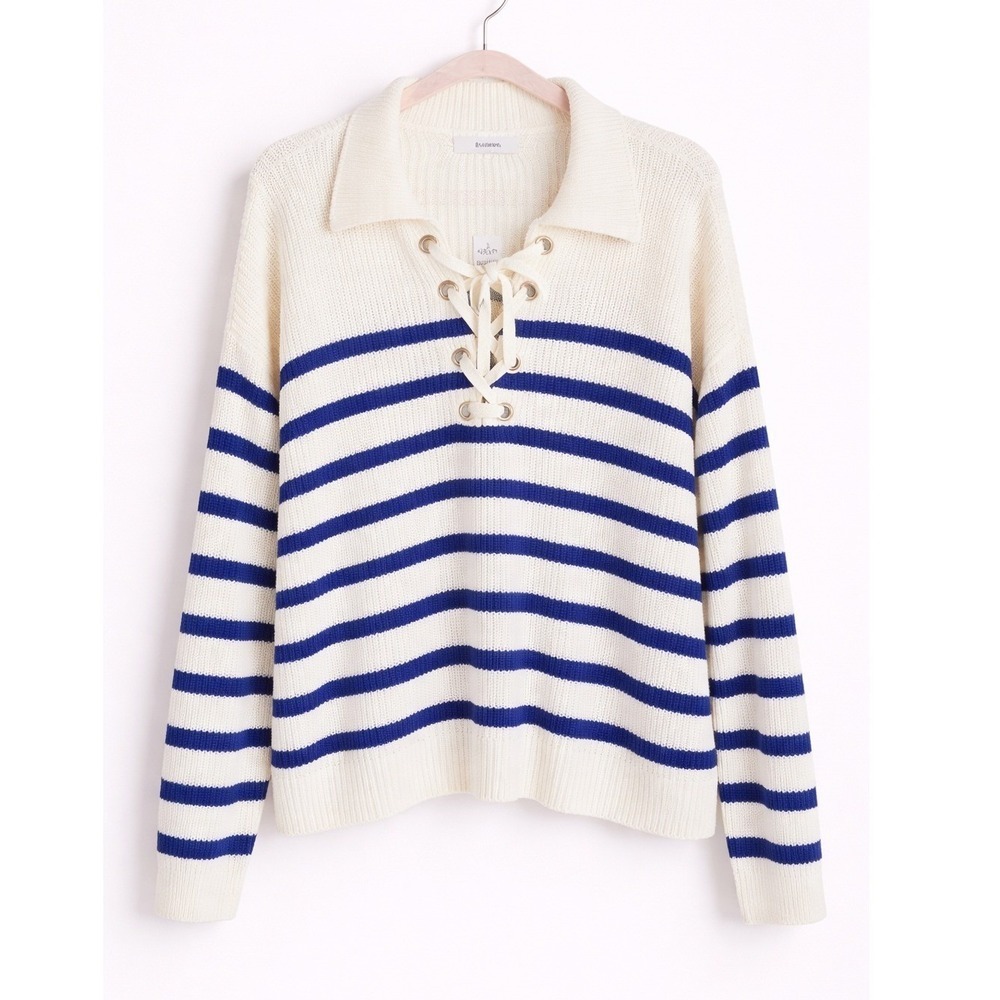 Ann Taylor Loft NEW Striped Lace Up Polo Sweater Navy White Nautical SZ Large - Picture 11 of 11